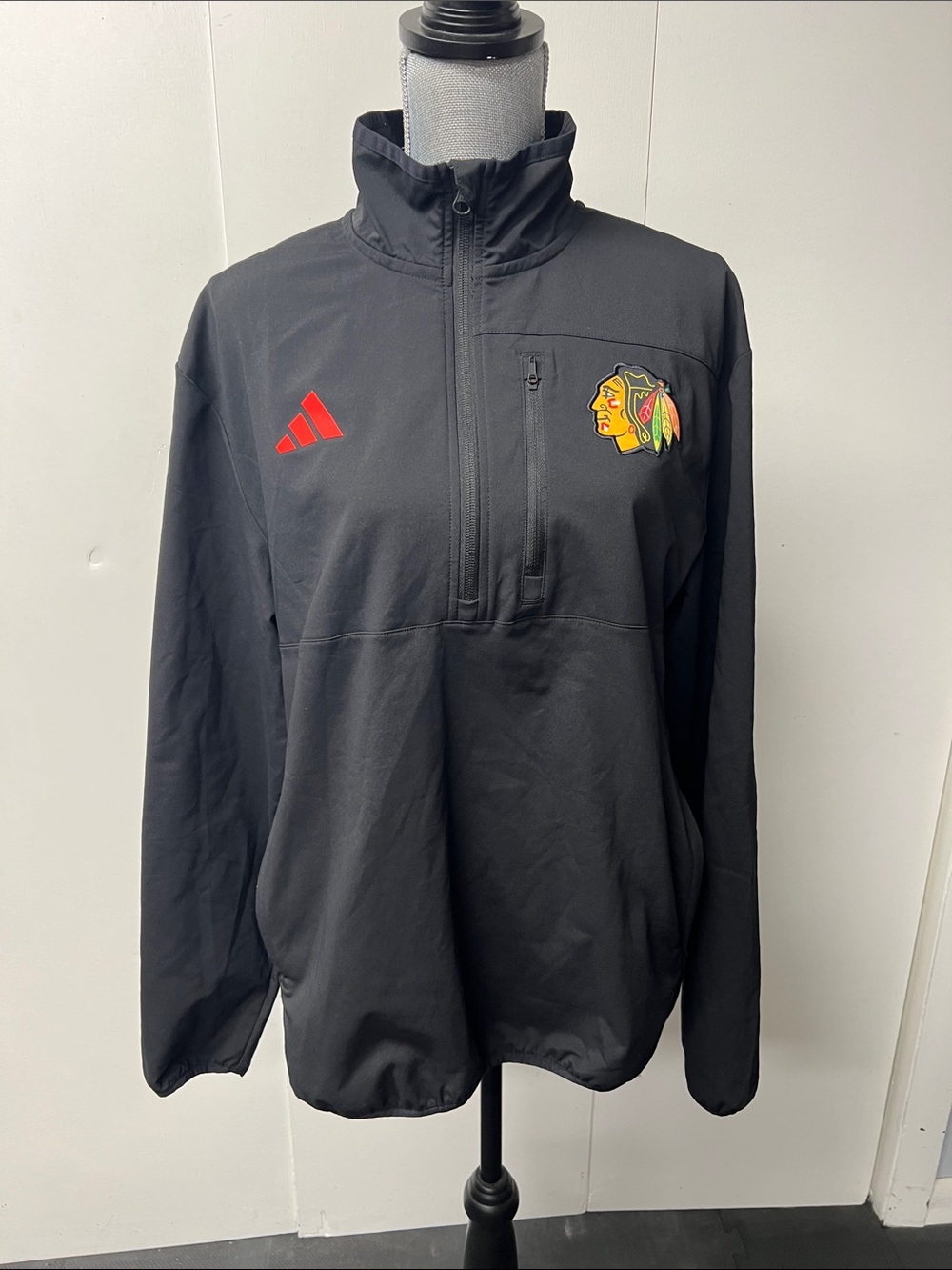 adidas Black Chicago Blackhawks Quarter-Zip Windbreaker with Red Logo
